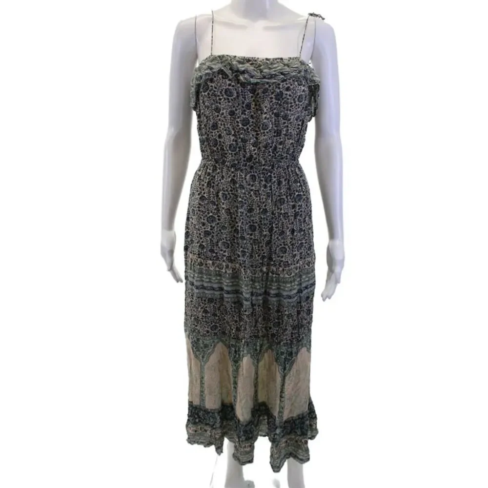 Ba&Sh Women Beige Floral Boho Maxi Sundress Sleeveless Tie Waist Size 1